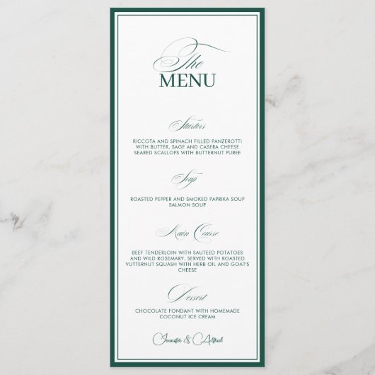 Emerald Green Old Money Wedding Dinner Menu Card メニュー (正面)