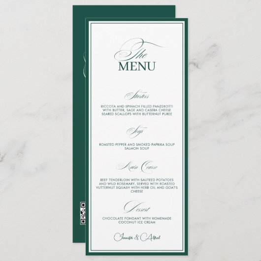 Emerald Green Old Money Wedding Dinner Menu Card メニュー (正面/裏面)