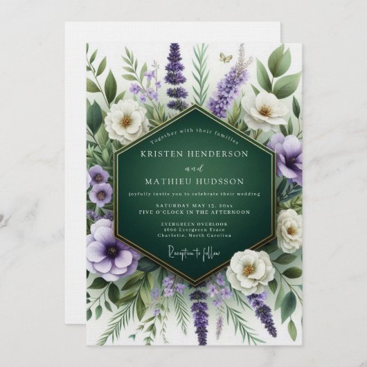 Emerald Green Organic Meadow Wedding 招待状 (正面/裏面)