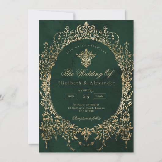 Emerald Green Ornate Emerald and gold foil Wedding 招待状 (正面)