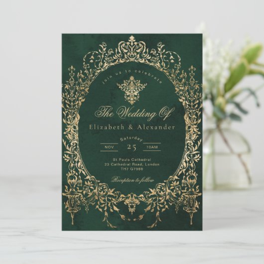 Emerald Green Ornate Emerald and gold foil Wedding 招待状 (スタンド正面)