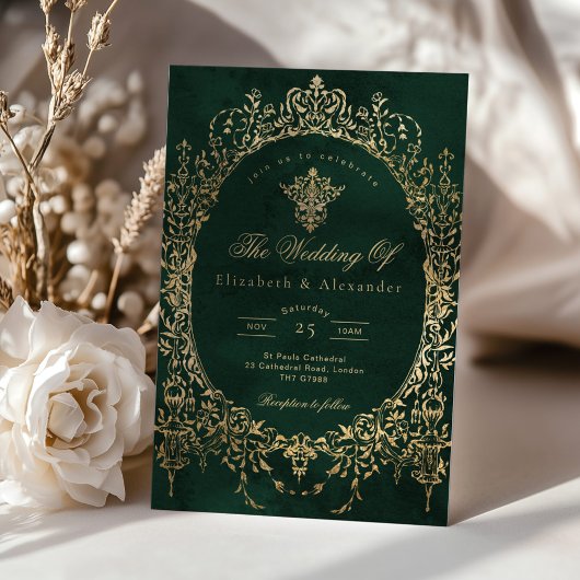 Emerald Green Ornate Emerald and gold foil Wedding 招待状