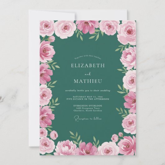 Emerald Green Painterly Botanical Wedding 招待状 (正面)