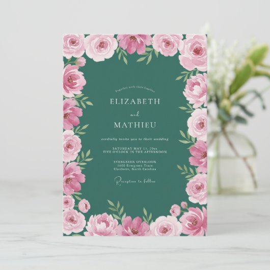 Emerald Green Painterly Botanical Wedding 招待状 (スタンド正面)