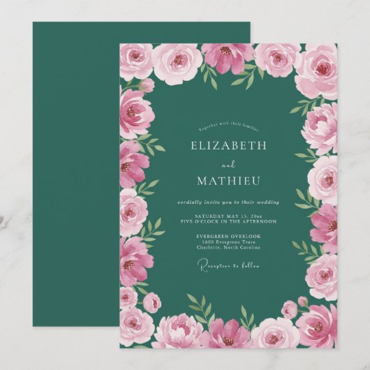 Emerald Green Painterly Botanical Wedding 招待状 (正面/裏面)