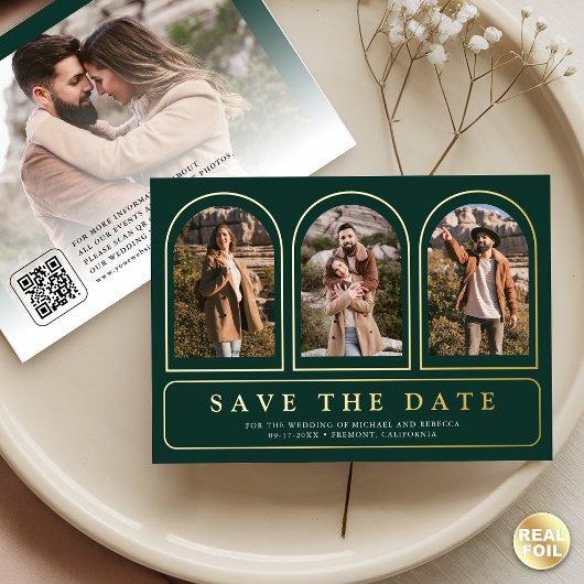 Emerald Green Photo QR Code Wedding Save the Date 箔招待状