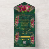 Emerald Green Pink Peony Roses Wedding All In One オールインワン招待状 (内側)