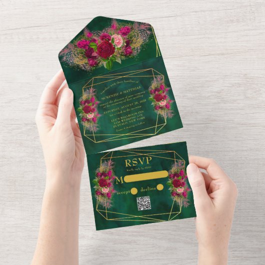 Emerald Green Pink Peony Roses Wedding All In One オールインワン招待状 (貼ってはがせる)