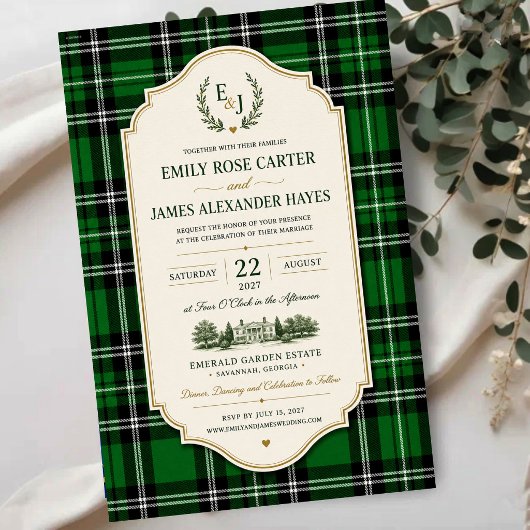 Emerald Green Plaid Elegant Scottish アクリル招待状