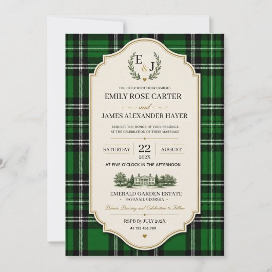 Emerald Green Plaid Elegant Scottish 招待状 (正面)