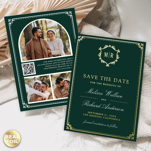 Emerald Green QR Code Photo Wedding Save the Date 箔招待状