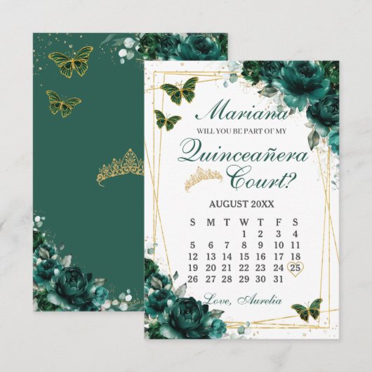 Emerald Green Quinceanera Court Proposal Card 出欠カード (正面/裏面)