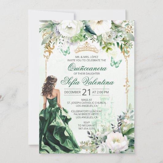 Emerald Green Quinceañera invitation 招待状 (正面)
