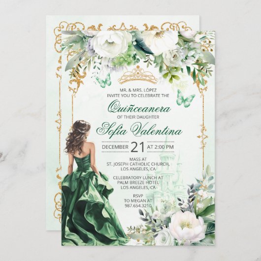 Emerald Green Quinceañera invitation 招待状 (正面/裏面)