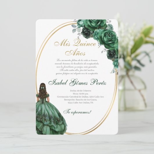 Emerald Green Quinceanera invitation in Spanish 招待状 (スタンド正面)