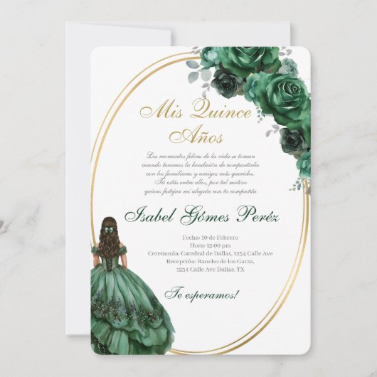 Emerald Green Quinceanera invitation in Spanish 招待状 (正面)