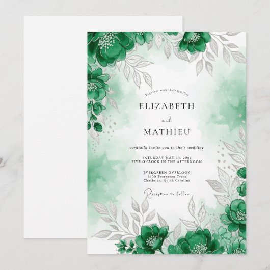 Emerald Green Refined Forest Wedding 招待状 (正面/裏面)