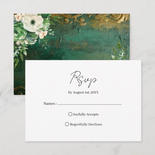 Emerald Green Romantic Floral Wedding RSVP Card (正面/裏面)