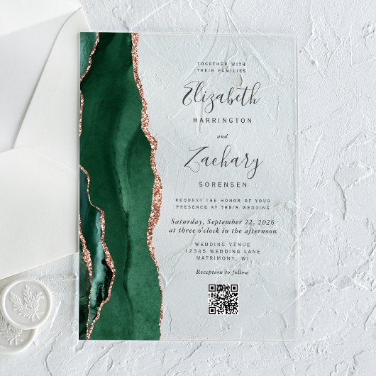 Emerald Green Rose Gold Agate QR Code Wedding アクリル招待状