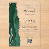 Emerald Green Rose Gold Agate QR Code Wedding アクリル招待状 (正面)