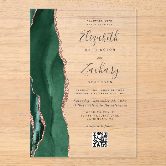 Emerald Green Rose Gold Agate QR Code Wedding アクリル招待状 (正面)