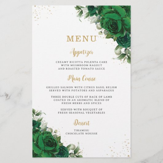 Emerald Green Roses Floral Flowers Menu Sheet  チラシ (正面)