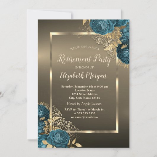  Emerald Green Roses Frame Brown Retirement Party 招待状 (正面)