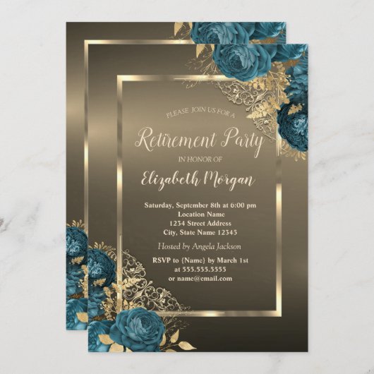 Emerald Green Roses Frame Brown Retirement Party 招待状 (正面/裏面)