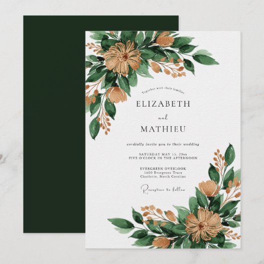 Emerald Green Rustic Forest Wedding 招待状 (正面/裏面)