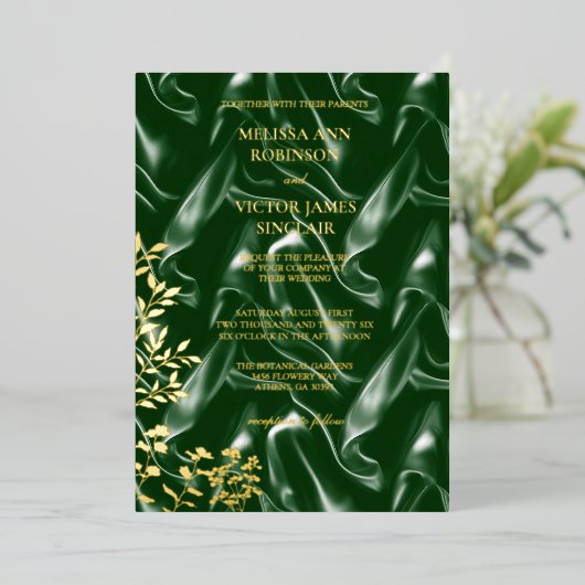 Emerald Green Silk leaf 箔招待状 (立ち正面)