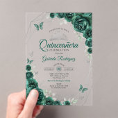Emerald Green Silver Floral Quinceanera アクリル招待状 (インサイチュ (ポータブル))