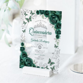 Emerald Green Silver Floral Quinceanera アクリル招待状