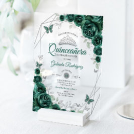 Emerald Green Silver Floral Quinceanera アクリル招待状