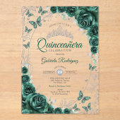 Emerald Green Silver Floral Quinceanera アクリル招待状 (正面)