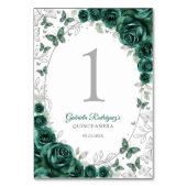 Emerald Green Silver Floral Quinceanera テーブルナンバー (裏面)