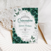 Emerald Green Silver Floral Quinceanera 招待状