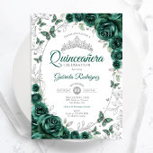 Emerald Green Silver Floral Quinceanera 招待状