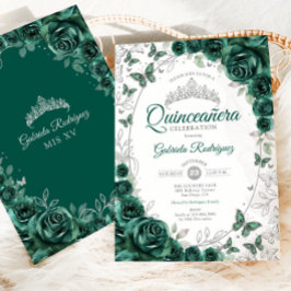 Emerald Green Silver Floral Quinceanera 招待状