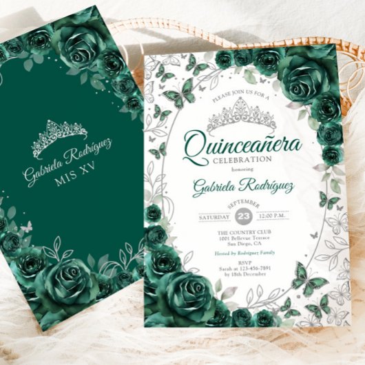 Emerald Green Silver Floral Quinceanera 招待状