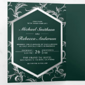 Emerald Green Silver Flourish Swirl Wedding Photo 三つ折り招待状 (内部最初)