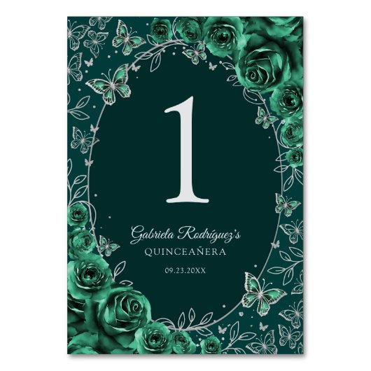 Emerald Green Silver Quinceanera テーブルナンバー (正面)
