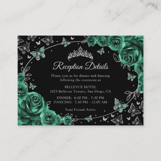 Emerald Green Silver Quinceanera Reception Details エンクロージャーカード (正面)