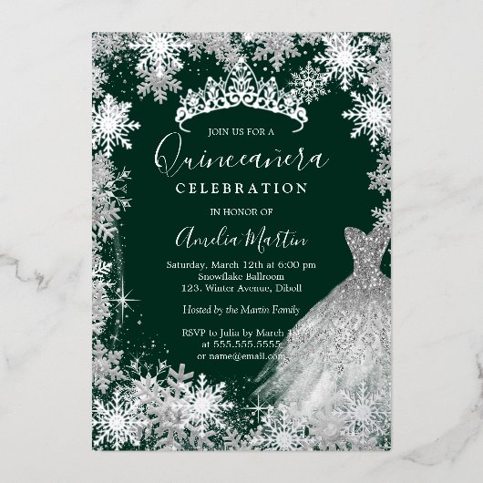 Emerald Green Snowflake Winter Quinceanera  箔招待状 (正面)
