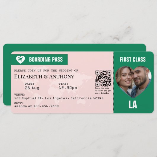 Emerald Green & Soft Blush Boarding Pass Wedding 招待状 (正面/裏面)