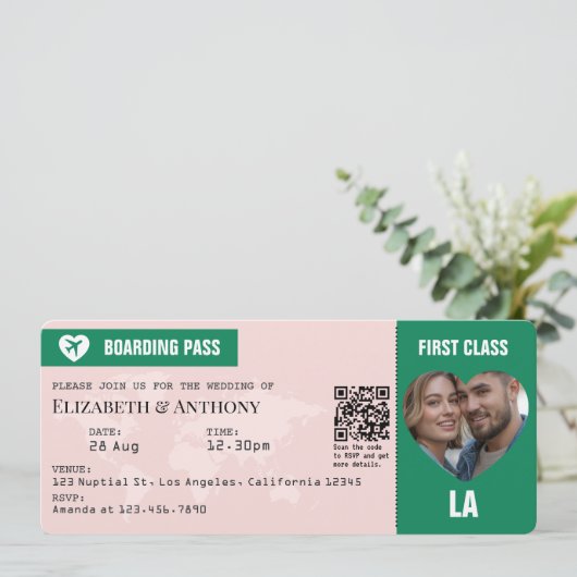 Emerald Green & Soft Blush Boarding Pass Wedding 招待状 (スタンド正面)