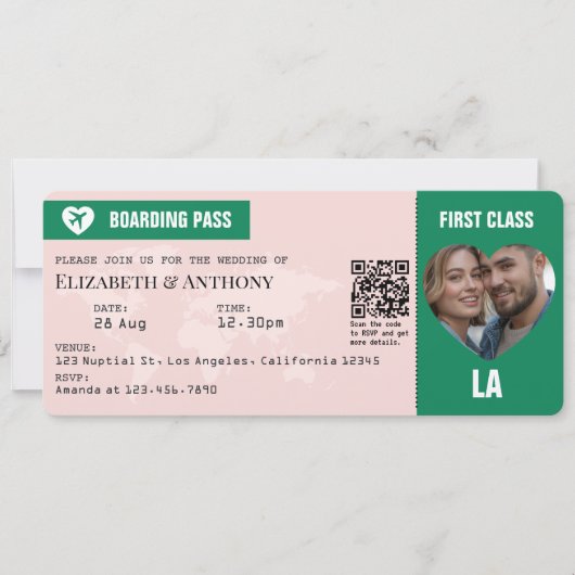 Emerald Green & Soft Blush Boarding Pass Wedding 招待状 (正面)