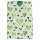 Emerald Green Watercolor & Gold Glitter Hearts ミディアムペーパーバッグ (裏面)
