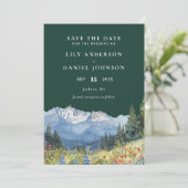 Emerald Green Watercolor Mountain Photo Wedding セーブザデート (スタンド正面)