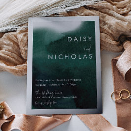 Emerald Green Watercolor Wedding Silver  箔招待状