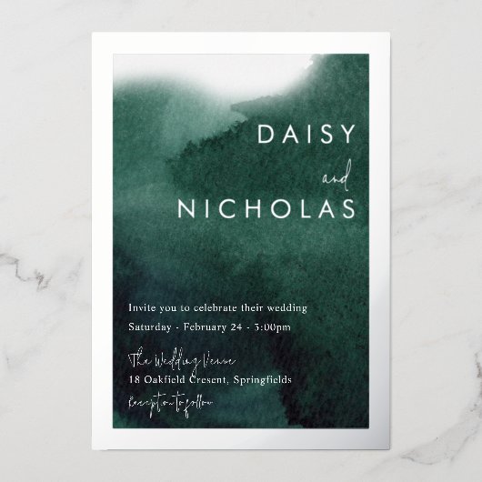 Emerald Green Watercolor Wedding Silver  箔招待状 (正面)